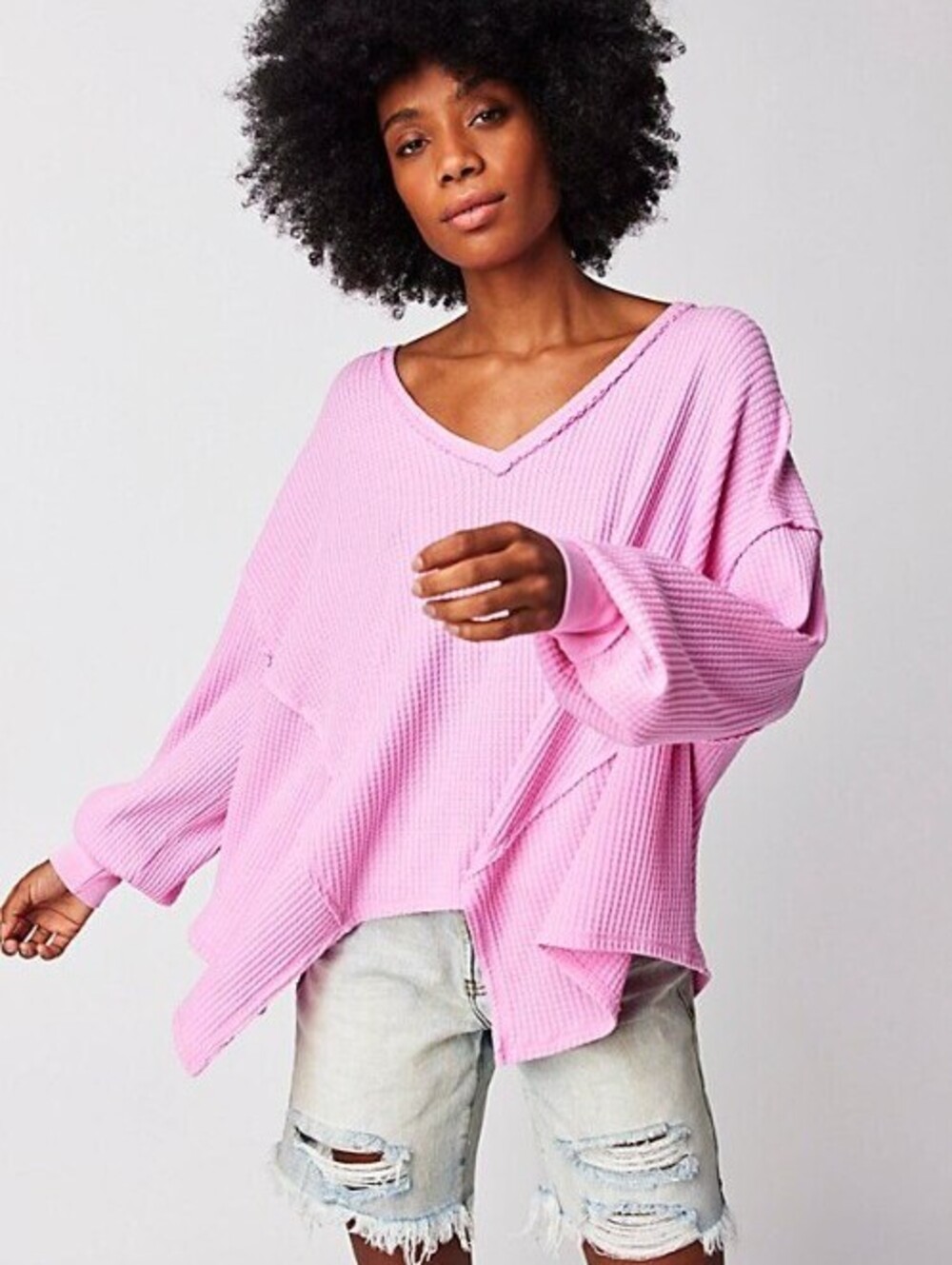 We The Free Pink Oversized Waffle-Knit V-Neck Pullover